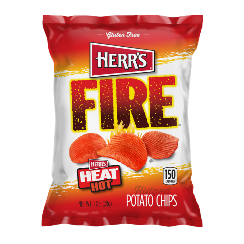 Front of a bag of Herr's Fire Ridged Potato Chips showing bold red and yellow logo, ridged chip images, and pack size of 29g.
