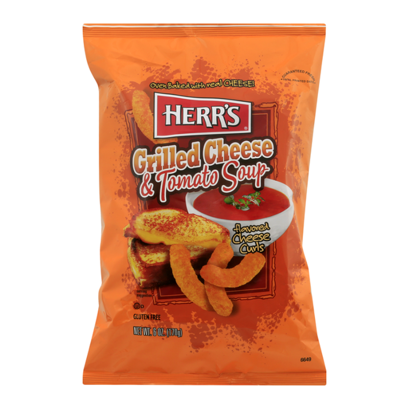 Front of Herr's Grilled Cheese & Tomato Soup Cheese Curls bag showing bold orange packaging, grilled cheese and tomato soup imagery, and flavour details (170g pack)