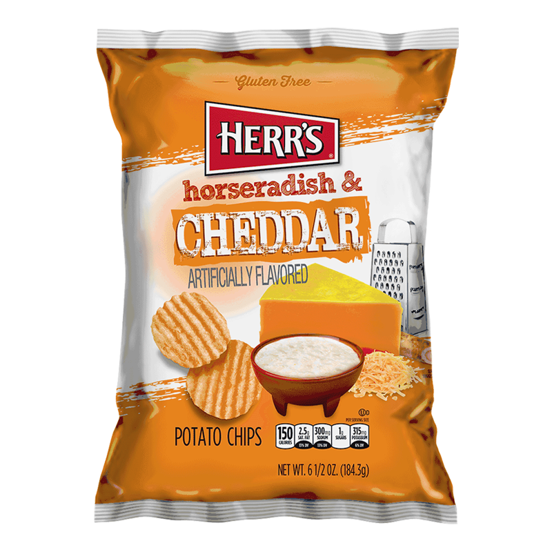 Front of Herr's Horseradish & Cheddar Potato Chips bag showing orange and white design with horseradish and cheddar imagery, 184.3g pack