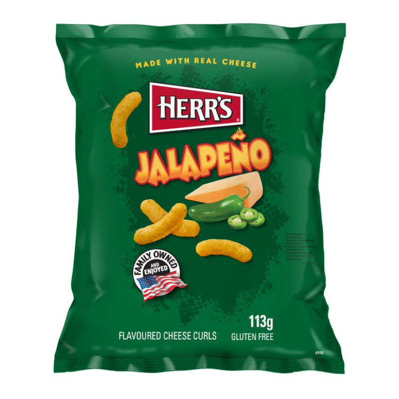 Front of Herr's Jalapeno Flavoured Cheese Curls bag showing green packaging, logo, jalapeno imagery, and pack size of 113g