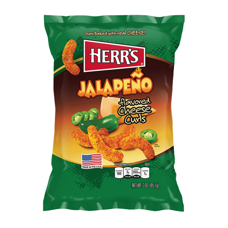 Front of Herr's Cheese Curls Jalapeno Flavour Puffs bag showing bold green and orange design, jalapeno imagery, and logo (85.1g pack)