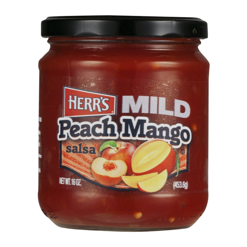 Front of Herr's Mild Peach Mango Salsa jar showing brand logo, product name, and images of peaches and mangoes (453.6g pack)