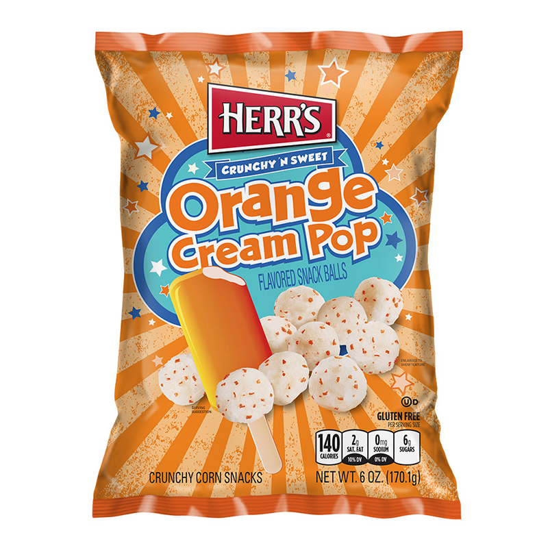 Front of Herr's Crunchy & Sweet Orange Cream Pop Snack Balls bag showing the logo, vibrant orange design, and crunchy snack balls (170g pack)