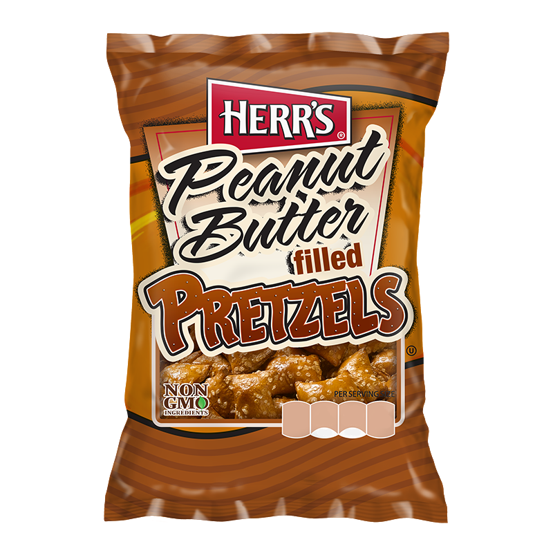 Front of Herr's Peanut Butter Filled Pretzels bag featuring logo and colourful design, highlighting the crunchy pretzels and peanut butter filling (57g pack)