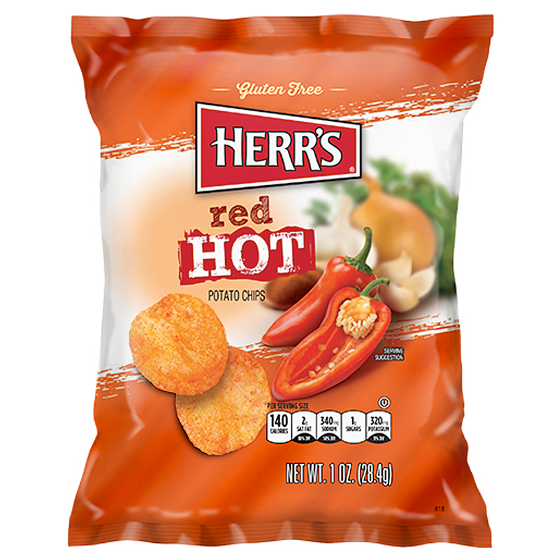 Front of Herr's Red Hot Potato Chips bag showing bold red and orange colours, red hot flavour label, and crispy chips (28.4g pack)