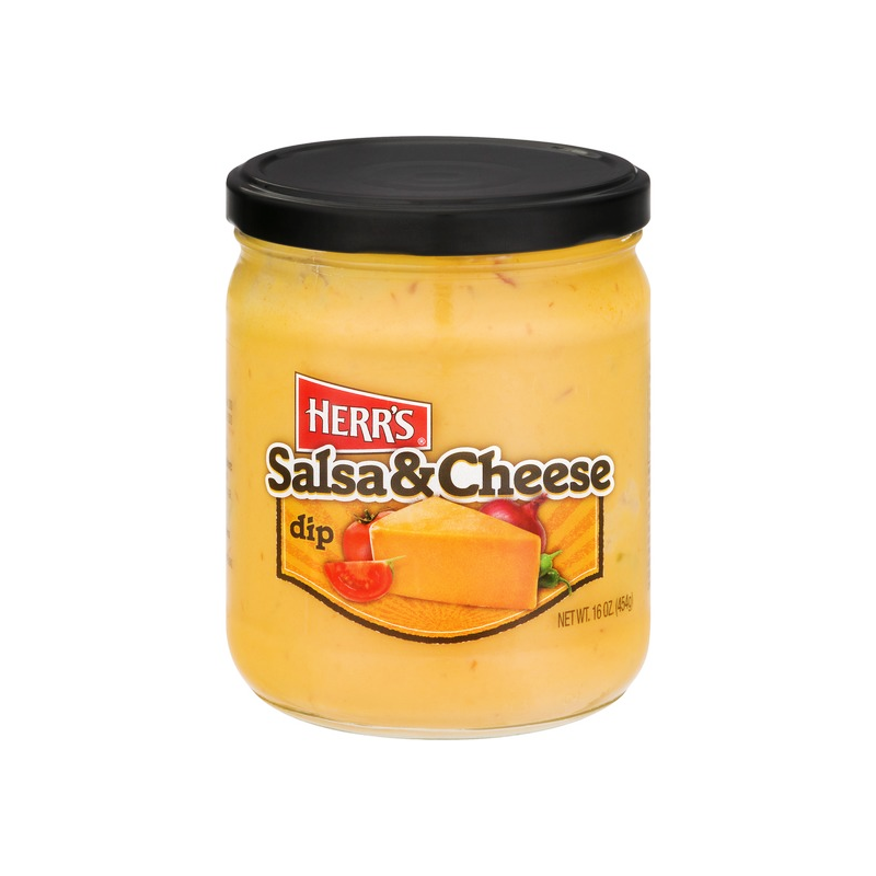 Front of Herr's Salsa & Cheese Dip jar featuring the logo, a creamy cheese and salsa blend, and 454g net weight.