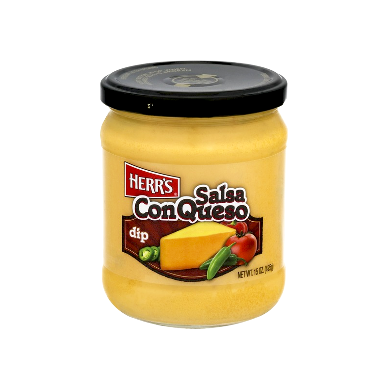 Front of Herr's Salsa Con Queso Dip jar showing yellow cheese dip, red logo, and illustrations of cheese and peppers (425g)