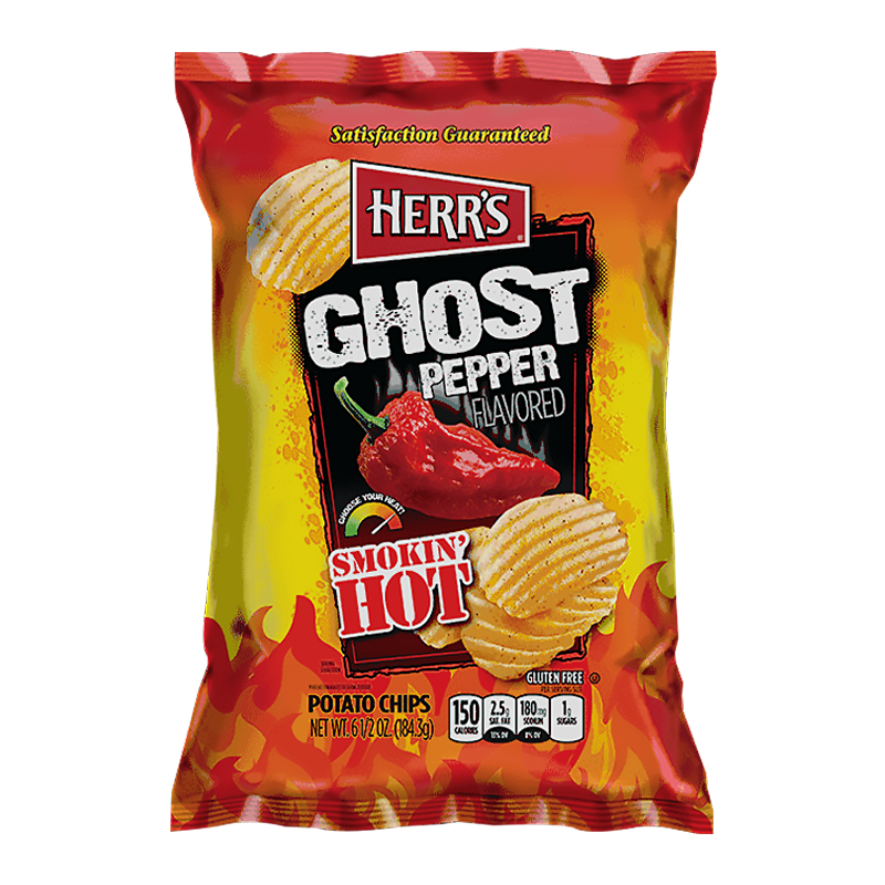 Front of Herr's Smokin' Hot Ghost Pepper Potato Chips bag showing bold red and yellow design, ghost pepper image, and potato chips (184.3g pack)