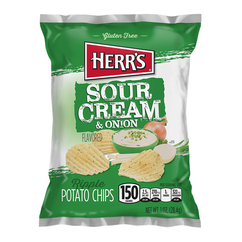 Front of Herr's Sour Cream & Onion Potato Chips bag showing the logo, sour cream and onion flavour, and ripple chip image (28.4g pack)