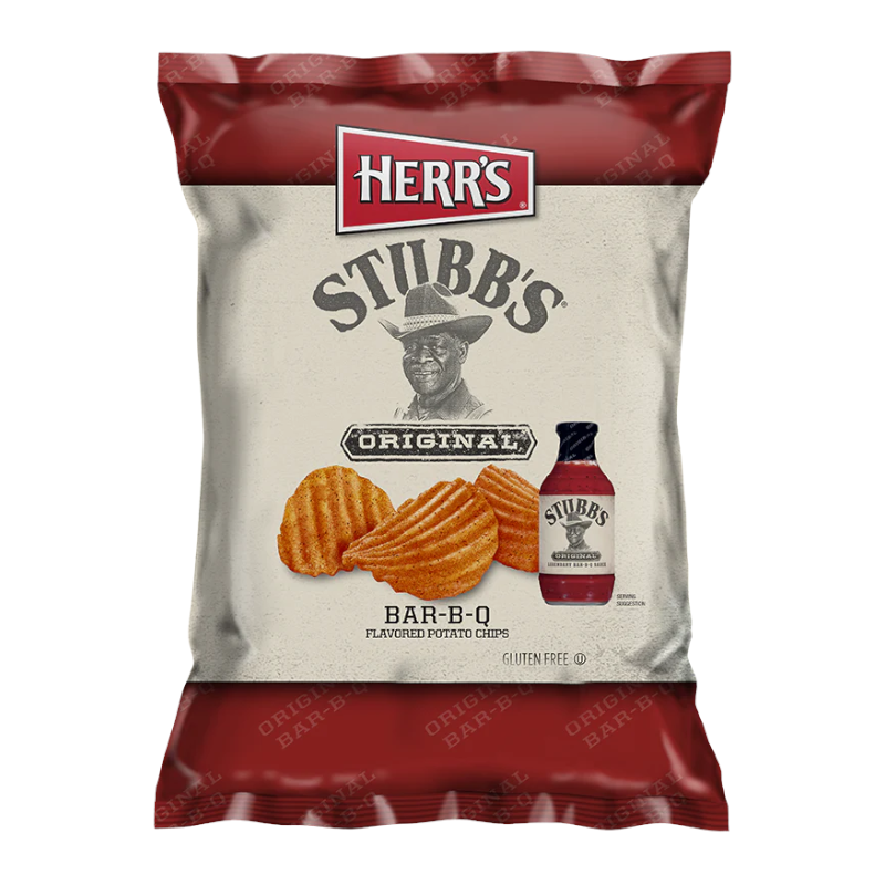 Front of Herr's Stubb's Original Bar-B-Q Potato Chips bag showing BBQ-flavoured chips, logo, and image of chips (184g pack)