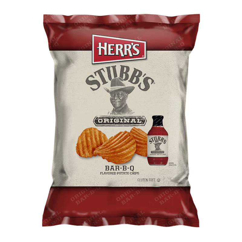 Front of Herr's Stubb's Original Bar-B-Q Potato Chips bag showing BBQ-flavoured chips, logo, and image of chips (184g pack)