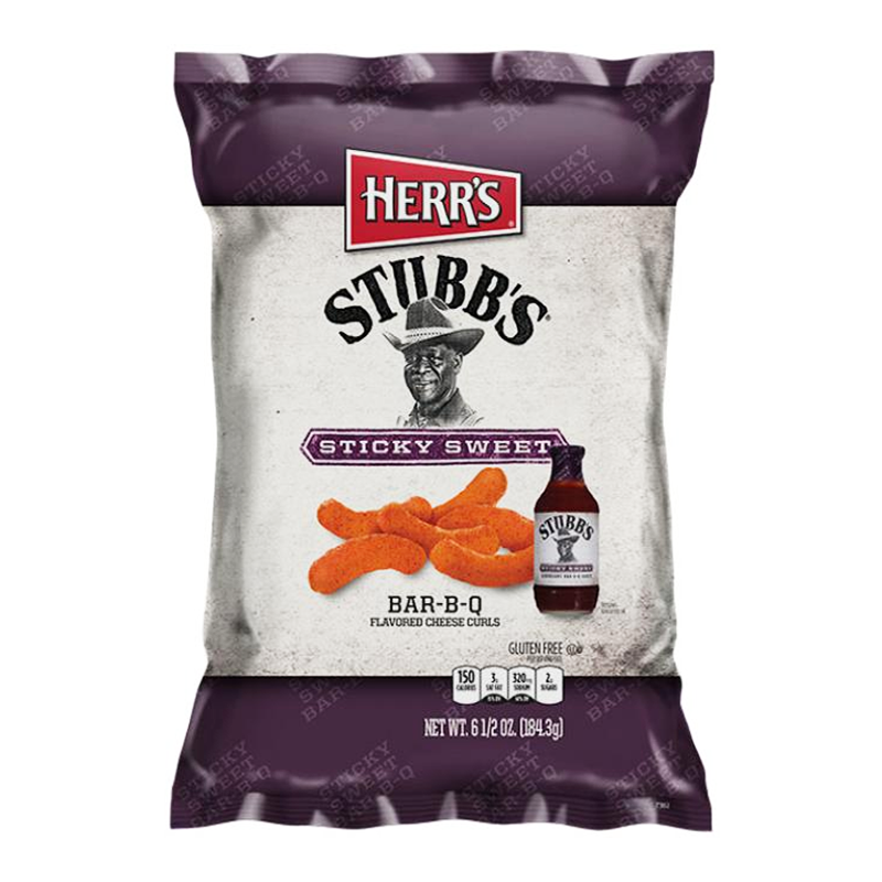 Front of Herr's Stubb's Sticky Sweet BBQ Cheese Curls bag showing the logo, BBQ flavour cheese curls, and 170.1g pack size.