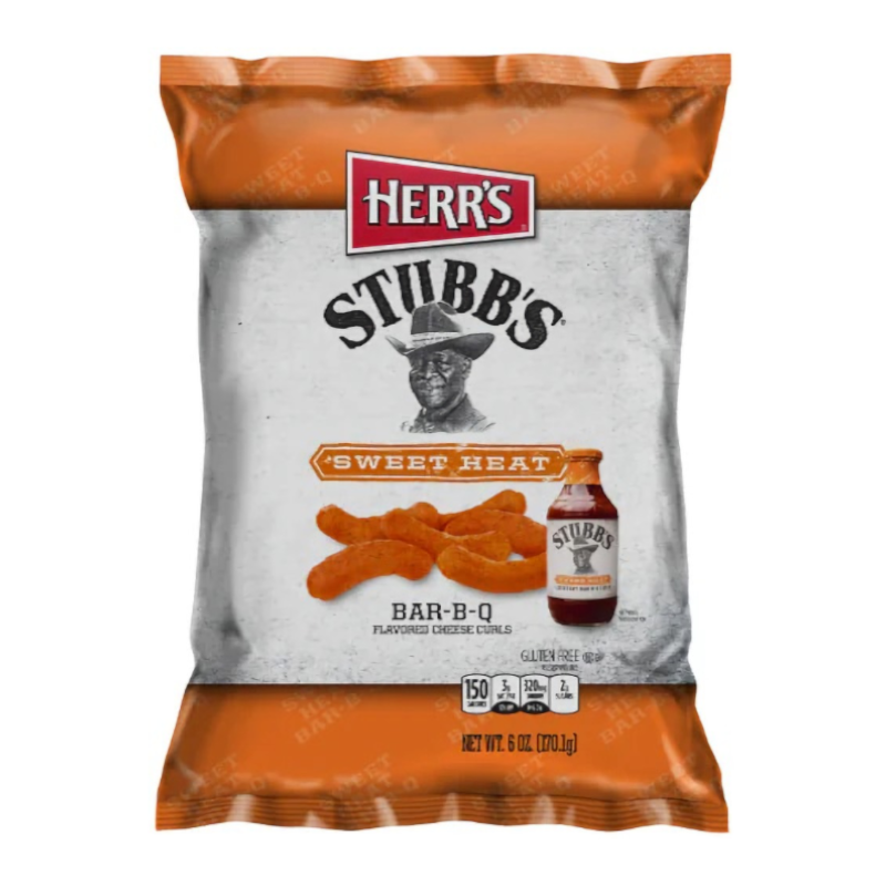 Front of Herr's Stubb's Sweet Heat Bar-B-Q Curls bag showing the logo, sweet heat flavour, and cheesy curls (170.1g pack)