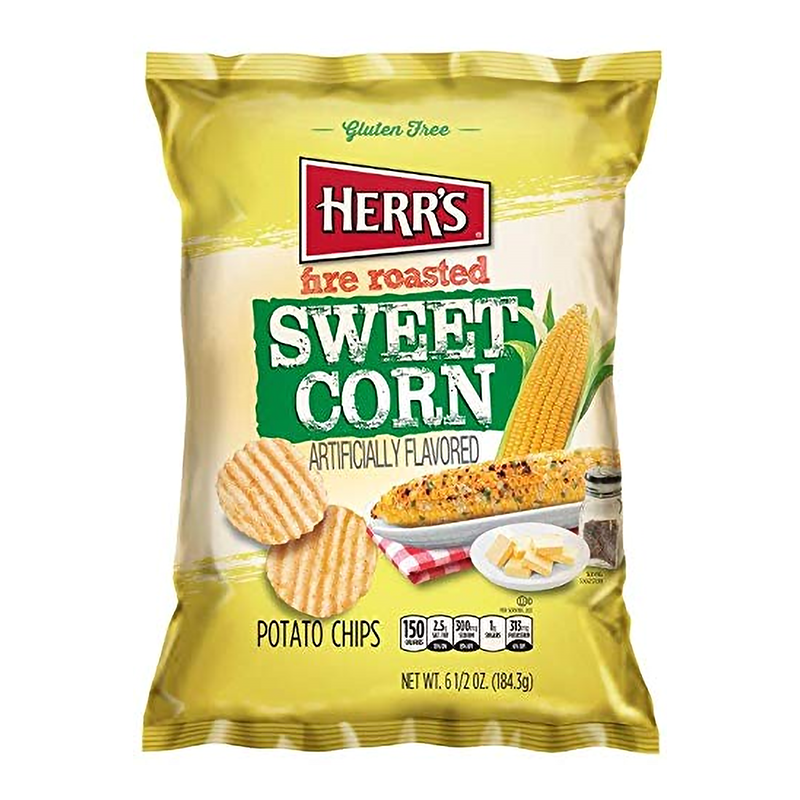Front of Herr's Fire Roasted Sweetcorn Potato Chips bag showing the logo, sweetcorn flavour label, and 184.3g pack size