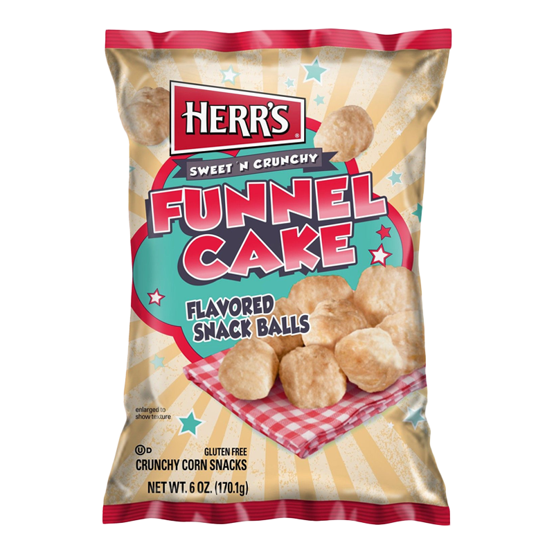 Front of Herr's Sweet 'N Crunchy Funnel Cake Flavoured Snack Balls bag featuring logo and images of snack balls, with 170.1g pack size