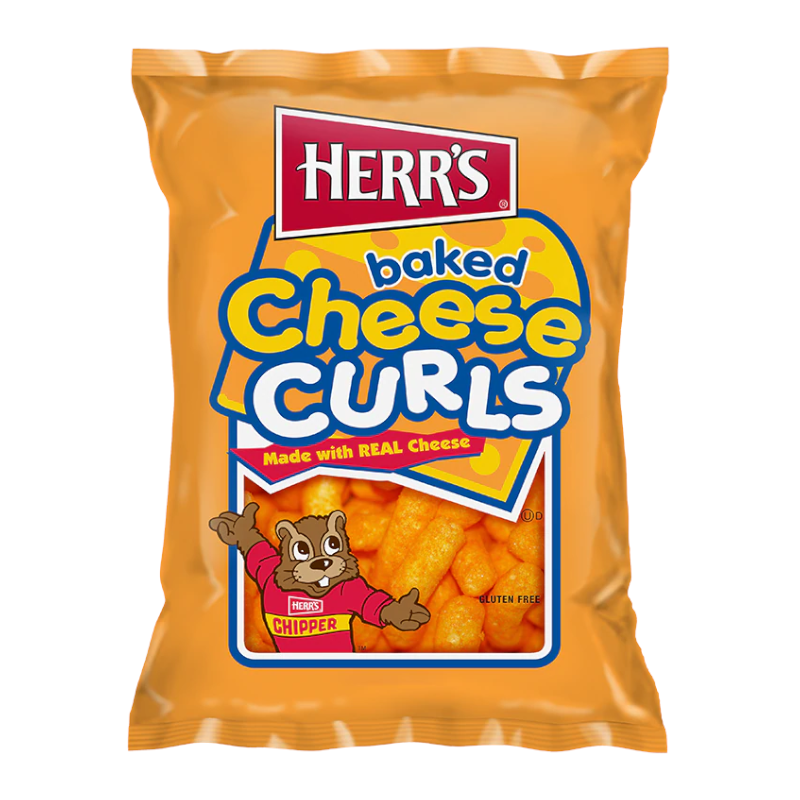 Front of Herr's Baked Cheese Curls bag featuring the logo, bright orange design, and image of cheesy curls (170g pack)