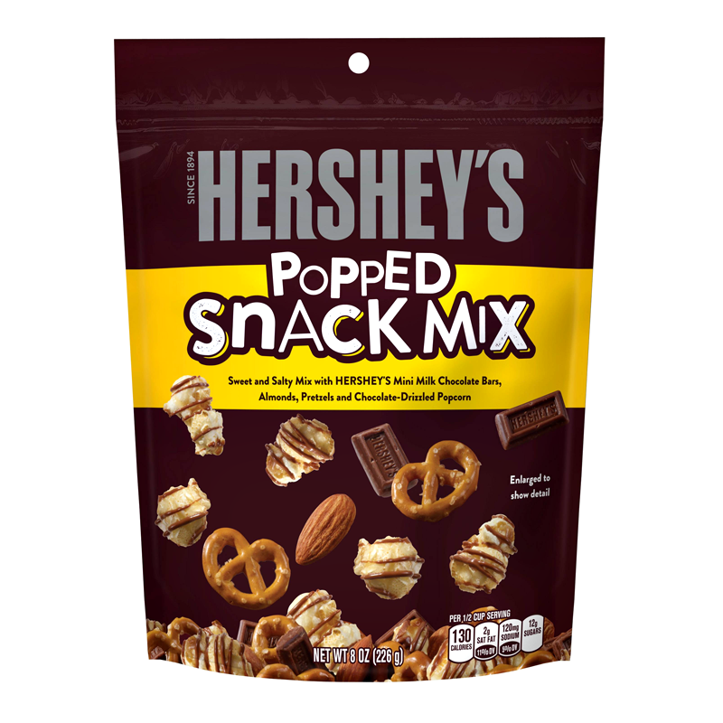 Front of Hershey's Popped Snack Mix bag showing the logo, sweet and salty snack mix, and pack size of 113g.