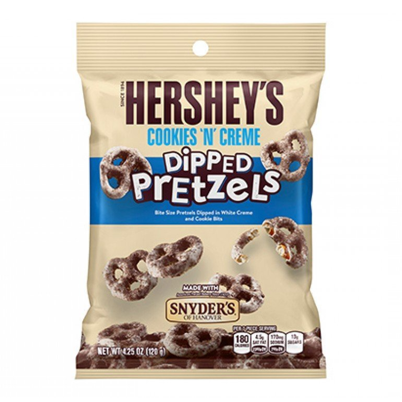 Front of Hershey's Cookies N Creme Dipped Pretzels bag showcasing the logo, pretzel pieces, and white chocolate coating (120g pack)