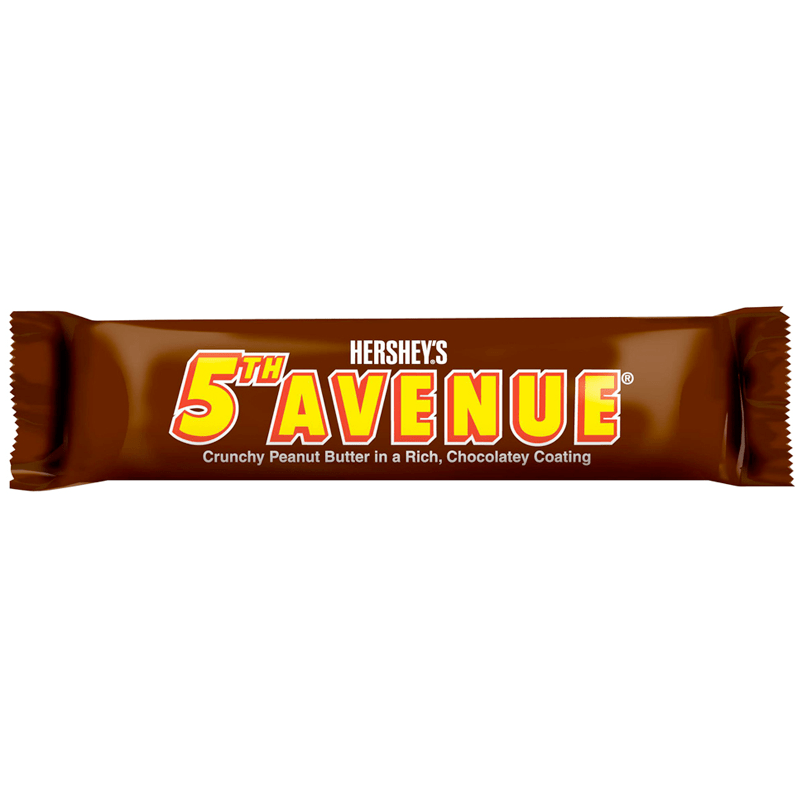 Front of Hershey's 5th Avenue Bar wrapper showing brand logo, product name, crunchy peanut butter description, and chocolaty coating details (56g)
