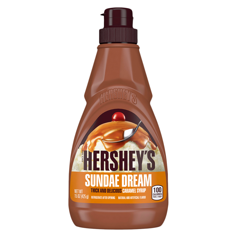 Front of Hershey's Sundae Dream Caramel Syrup bottle displaying thick and delicious caramel syrup with 425g label