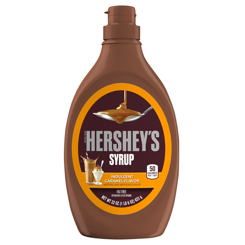 Front of Hershey's Caramel Syrup bottle featuring the logo and caramel flavour label, with a 623g pack size.