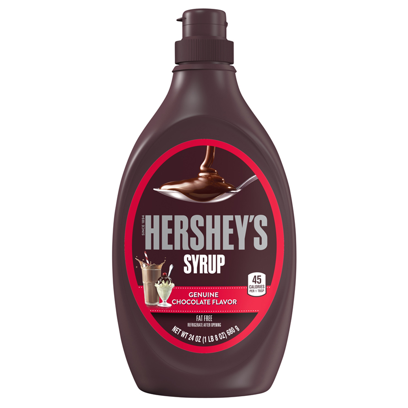 Front of Hershey's Chocolate Syrup bottle showing rich chocolate colour, genuine chocolate flavour label, and 680g pack size.