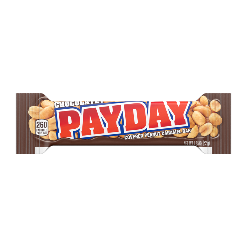 Front of Hershey's Chocolatey PAYDAY Bar packaging showing the logo, chocolate-covered peanut caramel design, and pack size (52g)