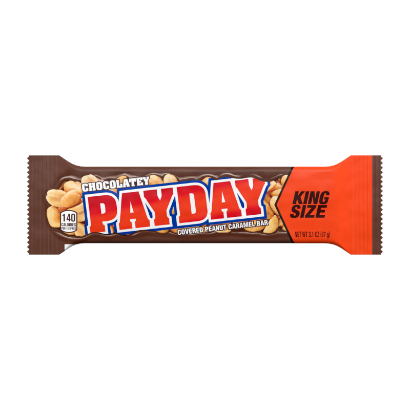 Front of Hershey's Chocolatey PAYDAY Bar packaging displaying bold title, chocolate-covered design, and king size label (87g)