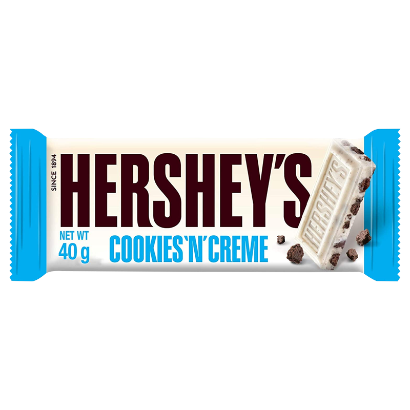 Front of Hershey's Cookies 'N' Creme Bar showing the logo, creamy white chocolate and cookie bits design, and 40g pack size