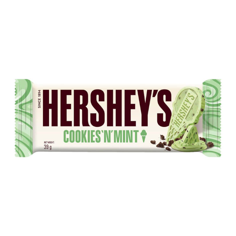 Front of Hershey's Cookies n Mint wrapper displaying the logo, mint flavour, and cookie imagery (39g pack)