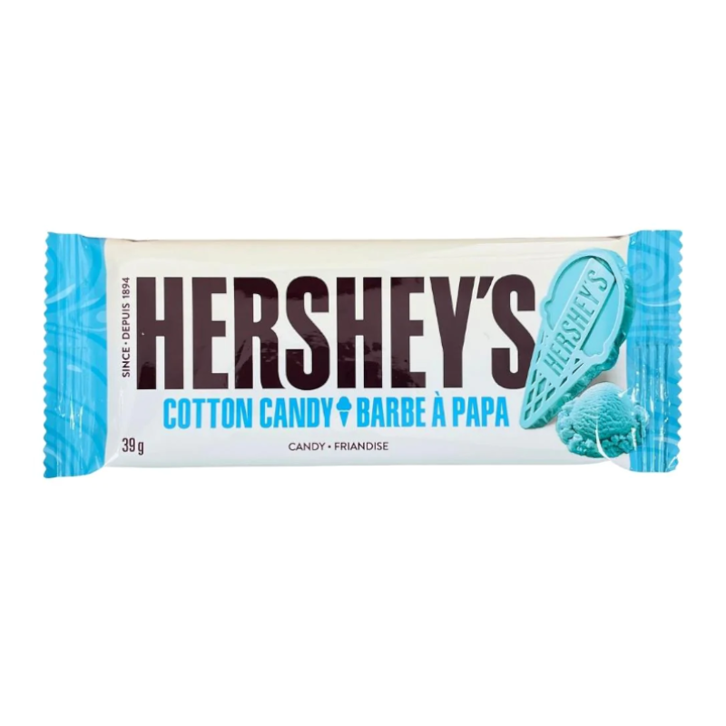 Front of Hershey's Cotton Candy Chocolate Bar packaging showing brand logo, cotton candy flavour, and 39g size.