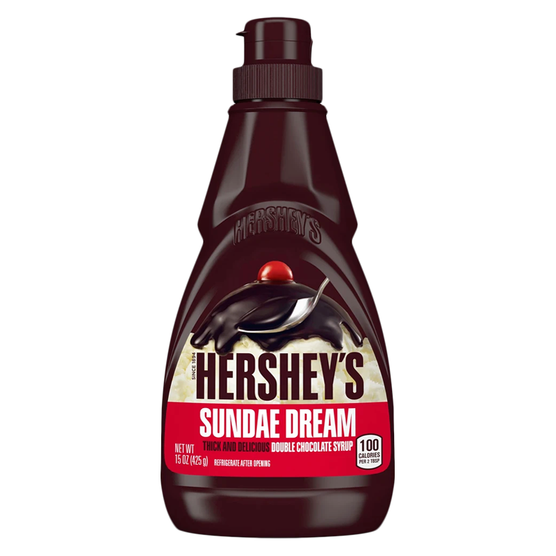 Front of Hershey's Sundae Dream Double Chocolate Syrup bottle showing thick chocolate syrup with a cherry on top label, 425g pack