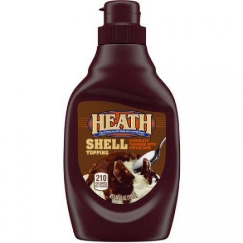 Front of Hershey's HEATH Toffee Chocolate Shell Topping Syrup bottle featuring rich toffee and chocolate label and 205g size