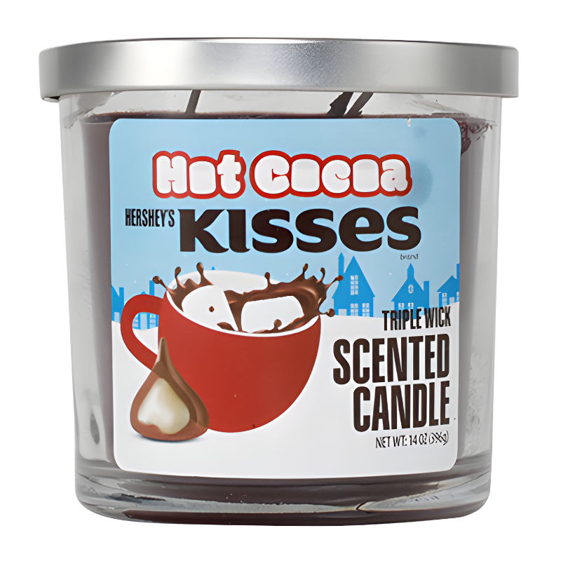 Front of Hershey's Hot Cocoa Kisses Scented Candle showing red mug with hot cocoa, Hershey's Kisses logo, and triple wick design (396g)