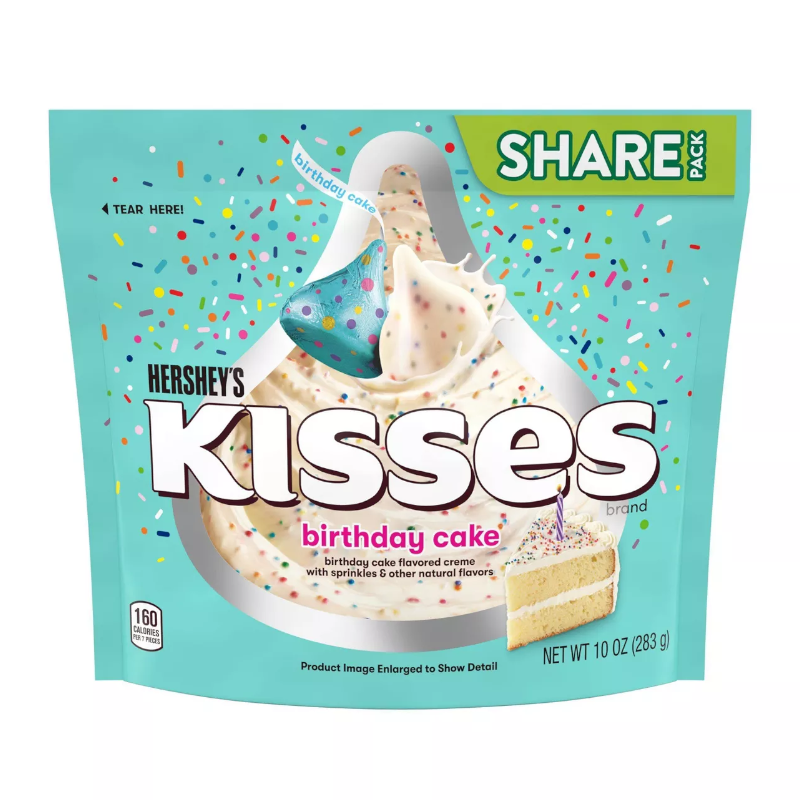 Front of Hershey's Kisses Birthday Cake Share Pack showing brand name, birthday cake flavour, colourful sprinkles, and pack size (283g)