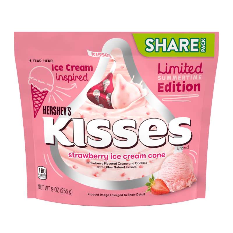 Front of Hershey's Kisses Strawberry Ice Cream Cone Share Pack showing pink packaging with logo and ice cream cone imagery (255g pack)