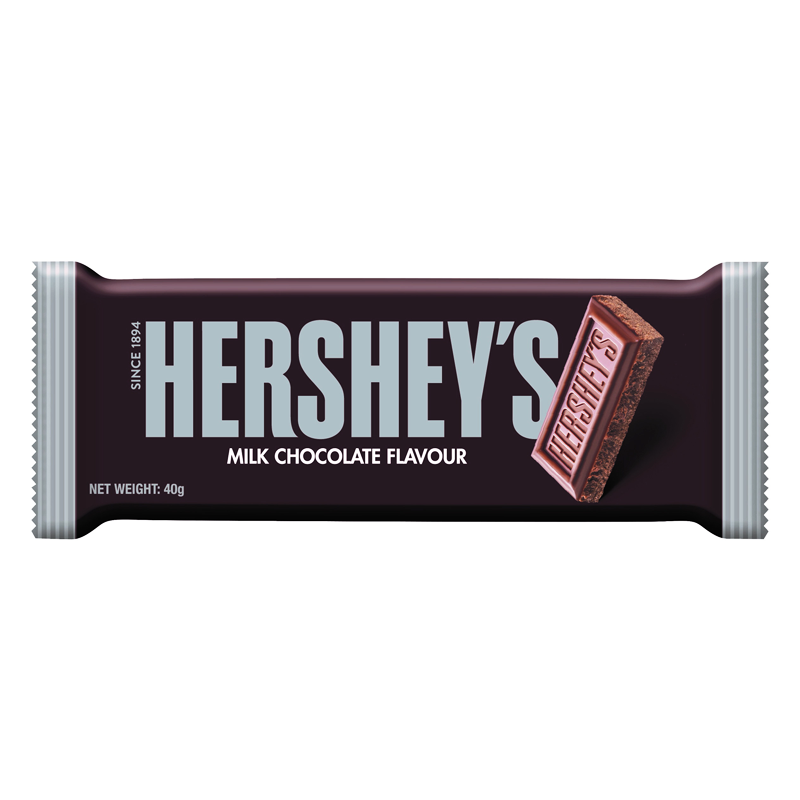 Front of Hershey's Milk Chocolate Flavour Bar showing the brand logo, 40g size, and smooth chocolate design