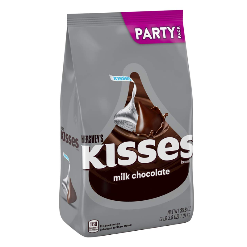 Front of Hershey's Milk Chocolate Kisses Party Bag showing the logo, chocolate kisses graphic, and 1.01kg pack size details
