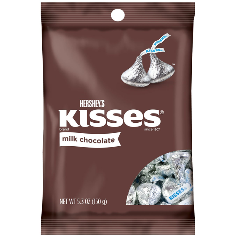 Front of Hershey's Milk Chocolate Kisses bag showing brand logo, milk chocolate label, and image of chocolate pieces (150g pack)