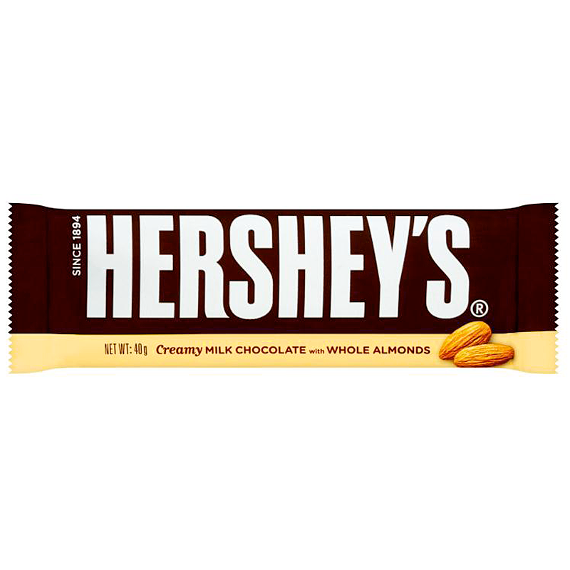 Front of Hershey's Milk Chocolate with Almonds Bar showing brand logo, creamy milk chocolate with whole almonds label, and 41g pack size
