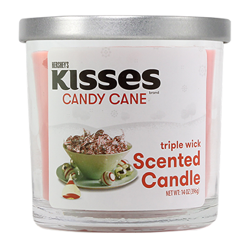Front of Hershey's Candy Cane Kisses Scented Candle showing triple wick design, candy cane flavour label, and festive imagery (396g)