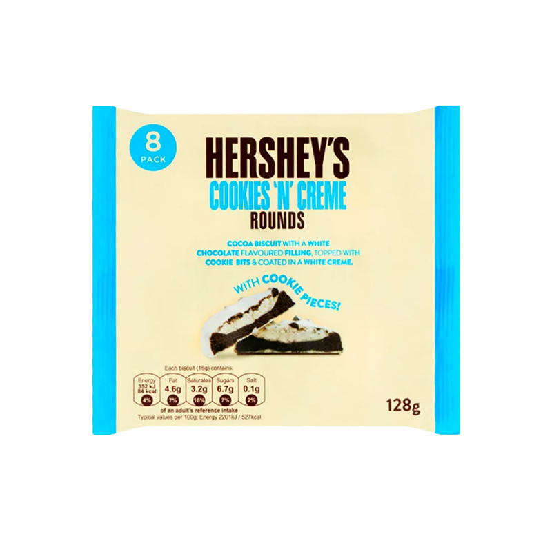 Front of Hershey's Cookies 'N' Creme Rounds pack showing blue and cream packaging with product name and description, 8-pack size, and cocoa biscuit imagery (128g)