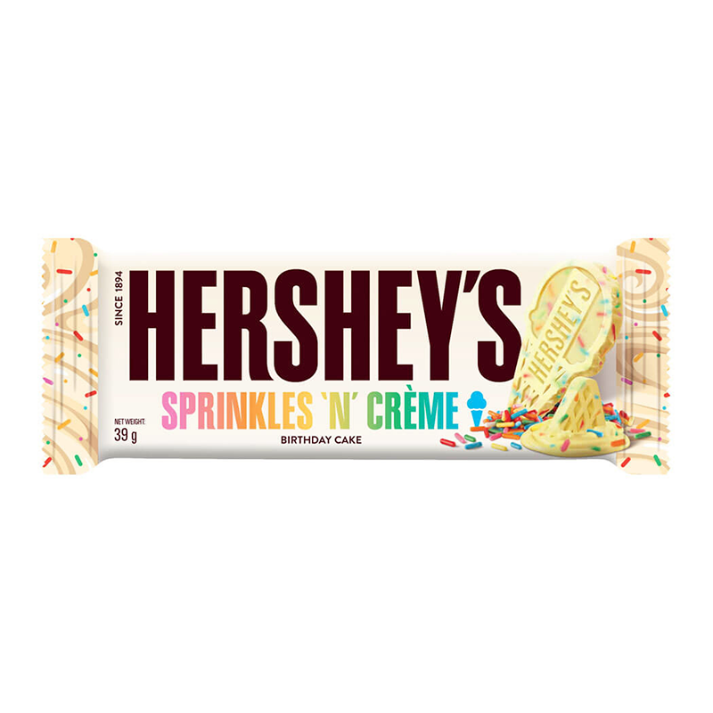 Front of Hershey's Sprinkles n Creme bar showing logo, birthday cake flavour label, and colourful sprinkles (39g pack)