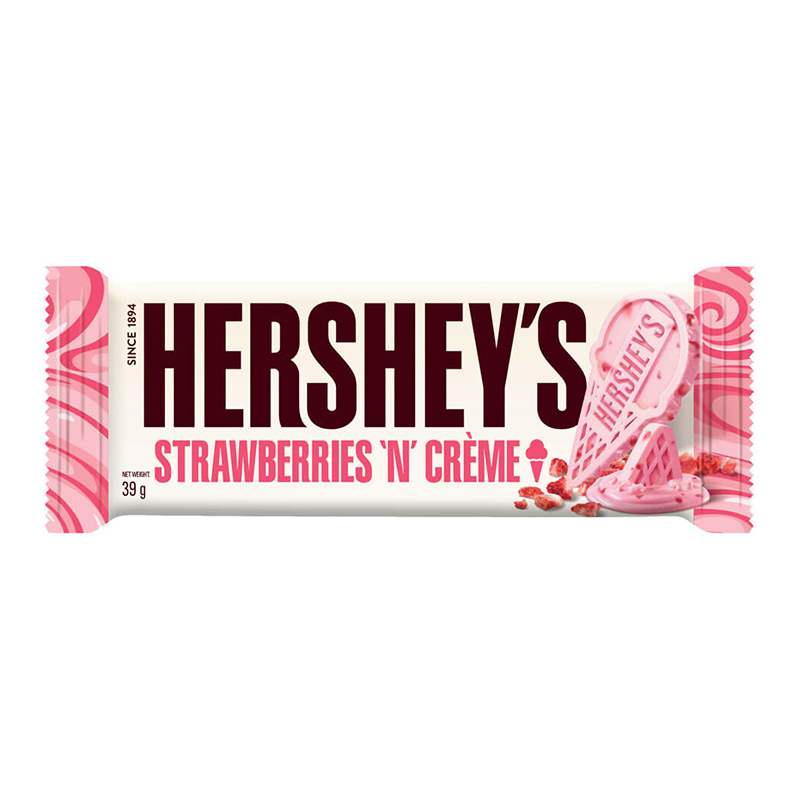 Front of Hershey's Strawberries n Creme bar displaying brand logo, flavour name, and vibrant design (39g pack)