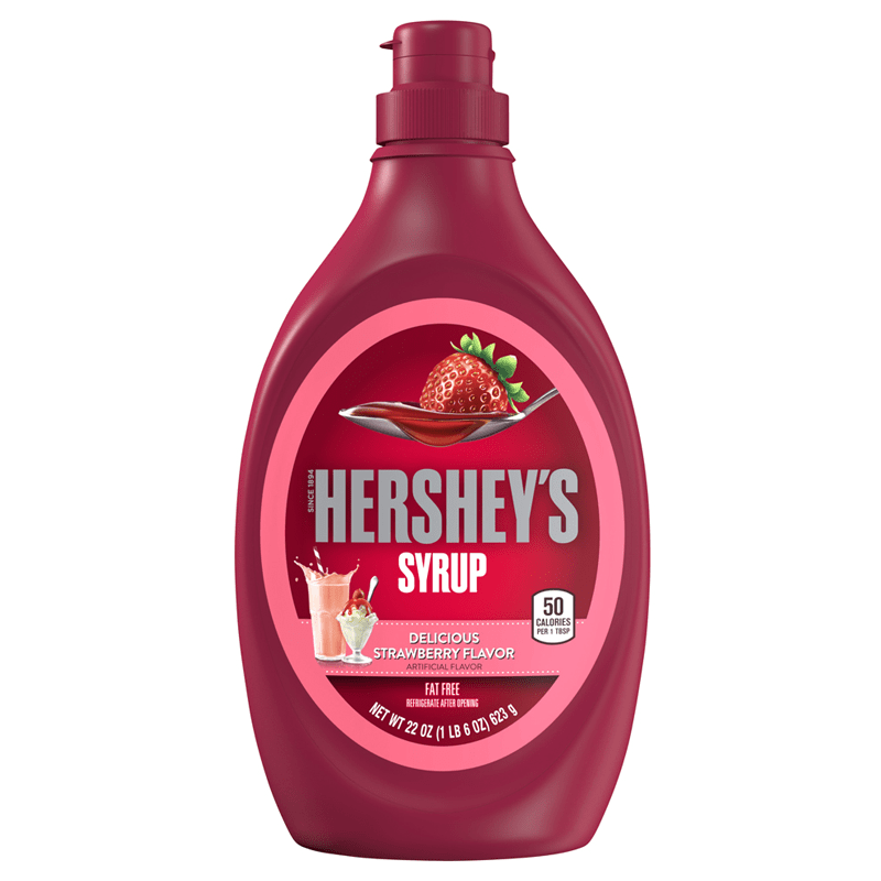Front of Hershey's Strawberry Syrup bottle showing vibrant pink label with delicious strawberry flavour, 623g pack size, and logo