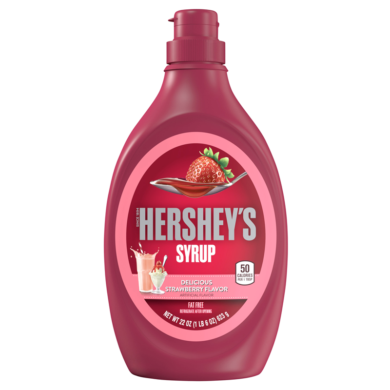 Front of Hershey's Strawberry Syrup bottle showing vibrant pink label with delicious strawberry flavour, 623g pack size, and logo