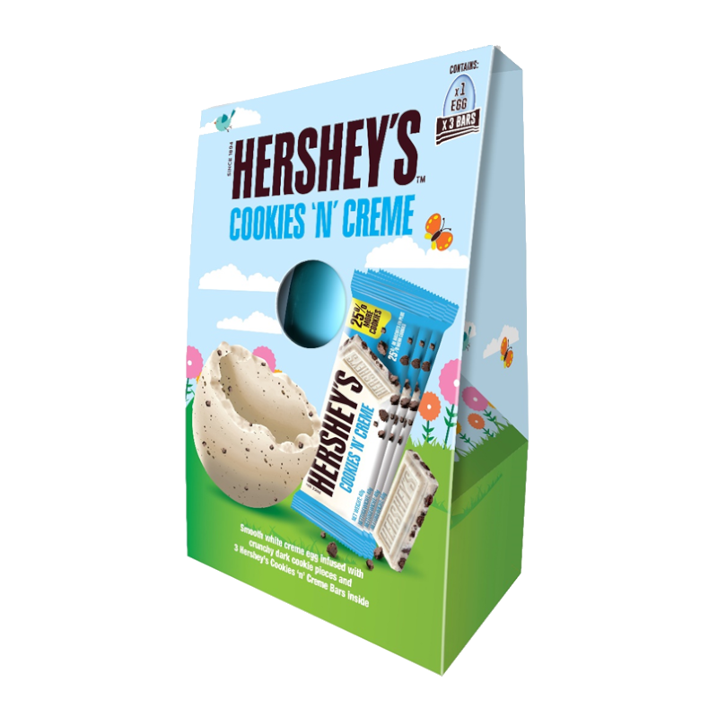 Front of Hershey's Cookies N' Creme Easter Egg & 3 Bars pack showing smooth creme egg and 3 cookie bars (232g)