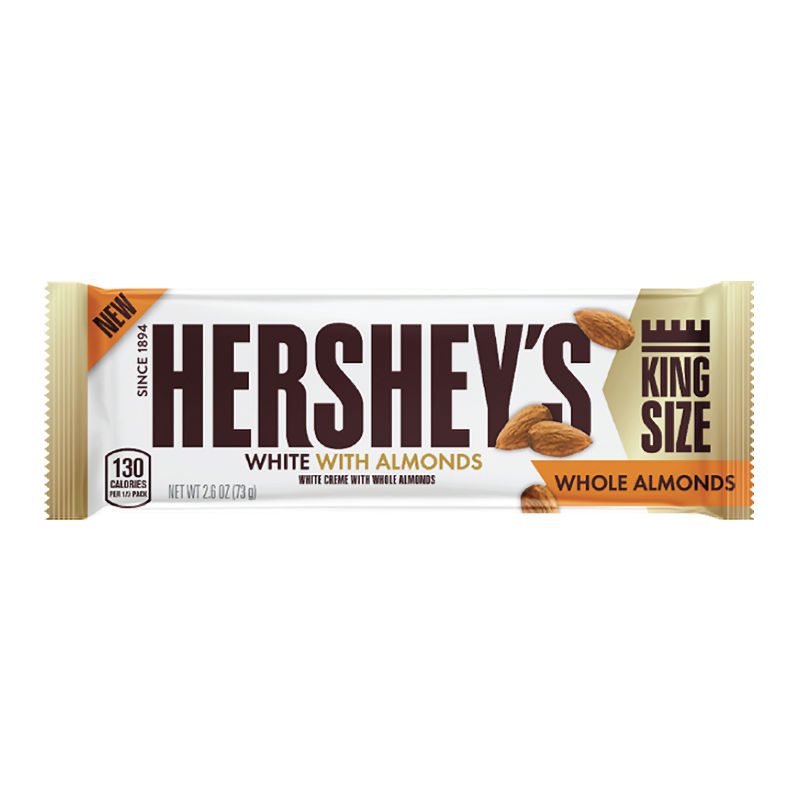 Front of Hershey's White Crème with Whole Almonds King Size Bar showing brand logo, white crème chocolate, whole almonds, and pack size (73g)