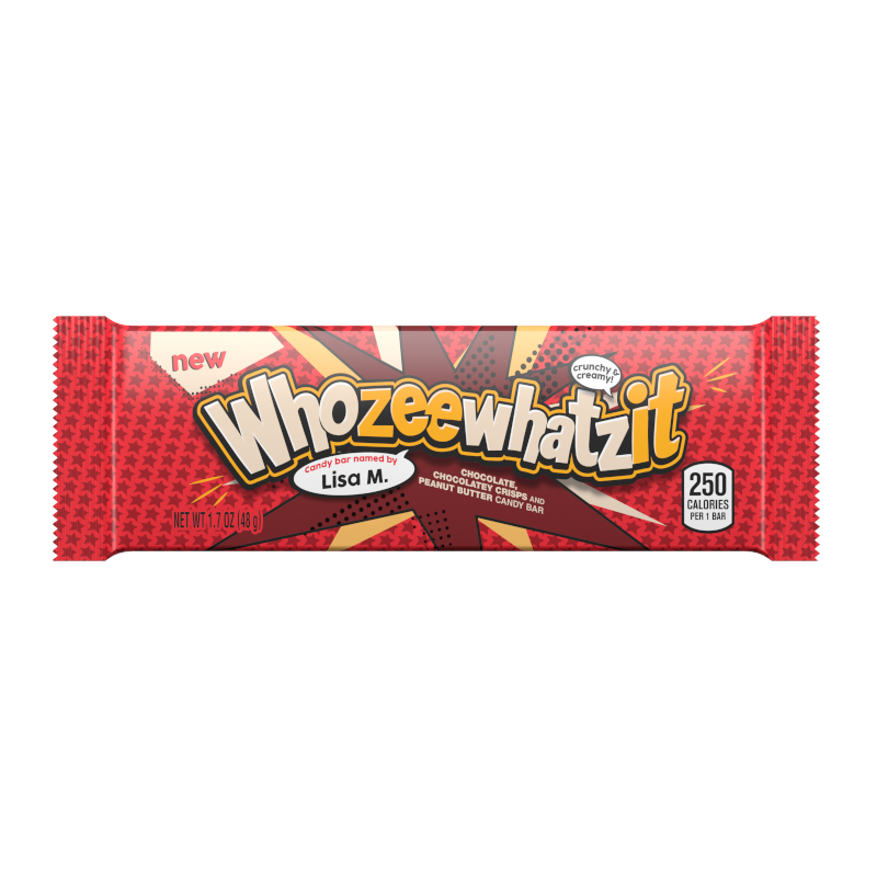 Front of Hershey's Whozeewhatzit chocolate bar showing vibrant red packaging with chocolatey crisps and peanut butter details (48g pack)