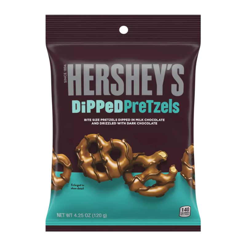 Front of Hershey's Milk Chocolate Dipped Pretzels bag showing the logo, bite-sized pretzels coated in milk chocolate, and 120g pack size.